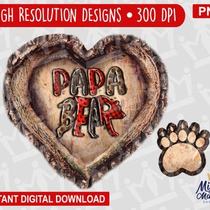 Papa ours PNG fichiers graphiques - pour sublimation, DTF, pour chemises gobelets arbre coeur empreintes de pattes bois sculpté tasses à carreaux Saint-Valentin
