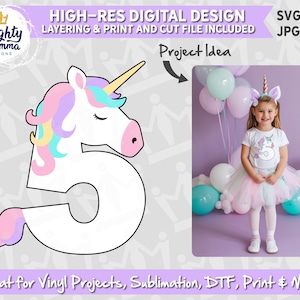 UNICORNO # 5 SVG e PNG Design / File per il quinto compleanno, per Cricut (vinile a strati), sublimazione, dtf, stampa / Maglietta di compleanno, biglietto, invito