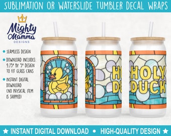 Holy Duck Stained Glass - Funny Rubber Duckie Libbey Can Graphic Design - JPG and PNG, For Sublimation, Funny Rubber Yellow Bath Toy Ducky