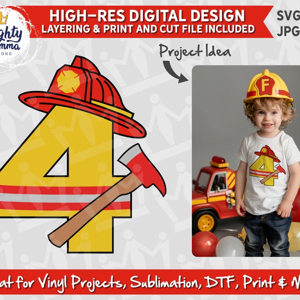 Fireman 4 SVG PNG | Four Firefighter Fire Man Forth Birthday | For Print, Cricut, layering, print and cut, sublimation, DTF, Shirt Design