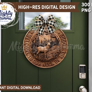Bienvenidos a nuestra región: diseños de letreros redondos para puertas en formato PNG: para sublimación, efecto de madera tallada, animales de caza de otoño, ciervos del bosque