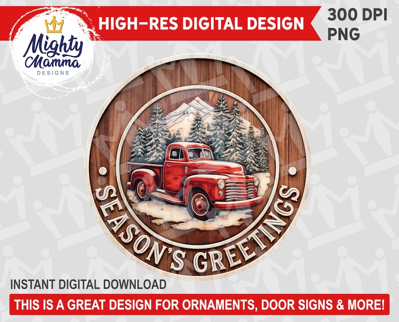 Season's Greetings Old Red Truck Round PNG Design, for Sublimation ...