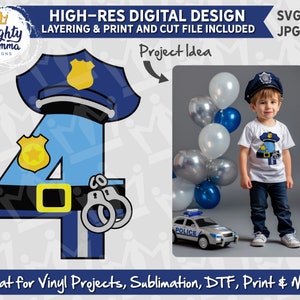 POLICE Officer # 4 SVG - Number four Police forth BIRTHDAY (files for layered cutting or png & jpg for print and cut). cop policeman