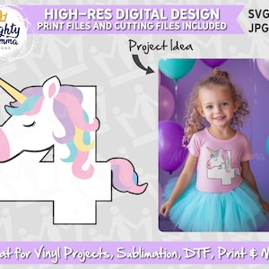 UNICORN # 4 SVG & PNG Design | Forth Birthday File, for Cricut (Layering Vinyl), Sublimation, dtf, print | Birthday shirt, card, invitation