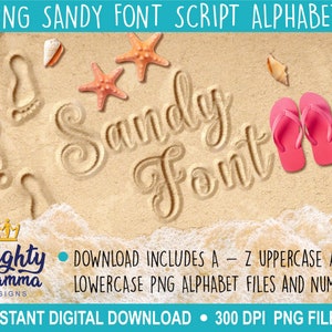 Sandy Script PNG Font - Beach Sand Alphabet & Number Design, for use with Mighty Mamma Designs Blank Beach Backgrounds, Ocean Summer Pretty