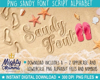 Sandy Script PNG Font - Beach Sand Alphabet & Number Design, for use with Mighty Mamma Designs Blank Beach Backgrounds, Ocean Summer Pretty