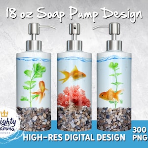 May include: Three 18 ounce soap pump bottles with a digital design featuring a goldfish, a plant, and a coral reef inside each bottle. The bottles are clear and have a white label with a blue and white water design. The bottles are on a white background.