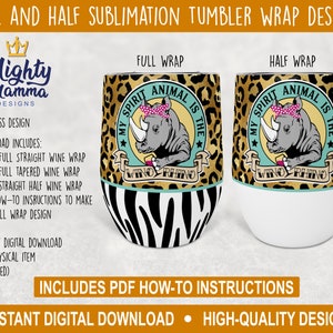 Funny Rhinoceros - My Spirit Animal is the Wino Rhino 12 oz STRAIGHT wijnbeker volledige en halve omslag, omslag voor sublimatie, ontwerp waterglijbaan