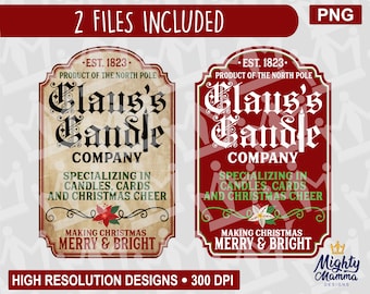 Claus's Candle Company PNG - Christmas, Candles, Santa Claus, Holiday, Vintage, Label for print waterslides sublimation, Great for tumblers
