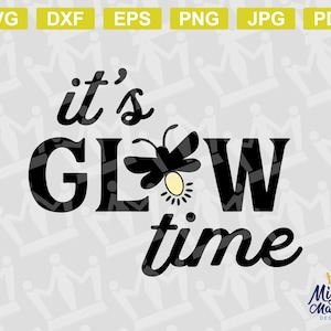 Może przedstawiać: Czarno-biały projekt graficzny z tekstem "it's glow time" i stylizowanym obrazkiem świetlika.