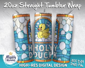 Funny Rubber Duckie Graphic - Holy Duck Stained Glass JPG Tumbler Wrap Design, For Sublimation waterslide | 20oz Funny F*ck Bubbles Waves