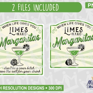 Puede incluir: Dos carteles de estilo vintage con un esquema de color verde y blanco. Los carteles muestran una copa de margarita con limas y el texto "Cuando la vida te da limones, haz margaritas. No seas una amargada, guarda la sal para tu bebida."