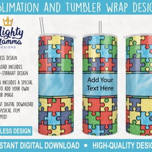 Stained Glass Autism Awareness Tumbler Wrap Design, For Sublimation or Waterslide |  20oz JPG | Charity Cause Puzzle Piece Pieces Colorful