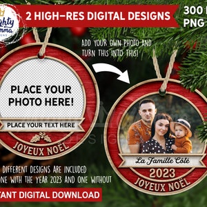 Joyeaux Noel 2023 - Add your own photo & Text Round Christmas Ornament PNG Design for Sublimation 3D Effect French Family Couple Customize