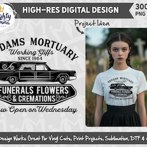 Création de logo d'entreprise parodie mortuaire Addams - fichier d'impression PNG et fichier de coupe SVG - corbillard funéraire mercredi fleurs noires crémation Halloween