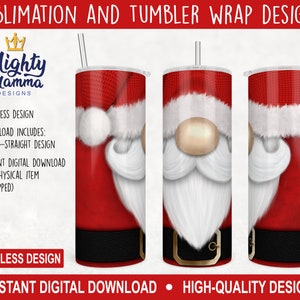 Santa Claus Gnome Tumbler Wrap Design for Sublimation, Waterslides for Vinyl - Blank Back - 20, Christmas Sweater Holiday Gift Red Cute Cup