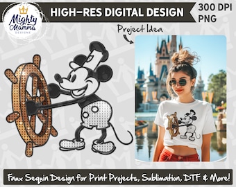 Steamboat Willie Mouse Faux Sequins Embroidery PNG Design. For Print, Sublimation, DTF, Mouse Glitter Captain Sailing Ship Steam Boat Mickey