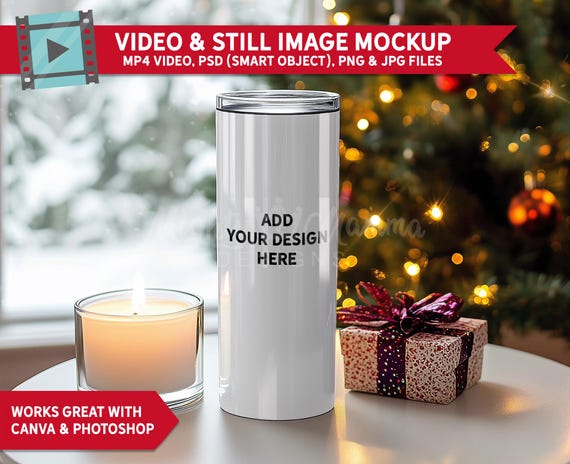 20oz Skinny Tumbler Christmas Video & Photo Mockup Files | Editable Mockup Design | MP4 Video - Canva, PSD - Photoshop, PNG and JPG Download