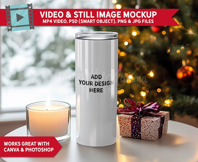 May include: White stainless steel tumbler with a lid, sitting on a white surface with a candle and a gift box. The tumbler has the text "ADD YOUR DESIGN HERE" on it.  The image is a mockup for a video and still image.