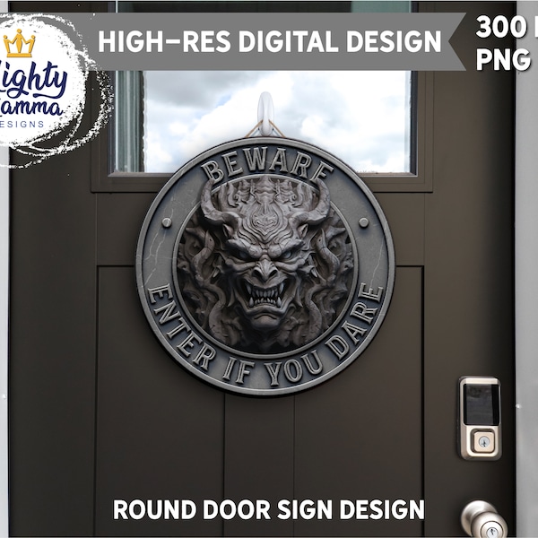 Beware Enter If You Dare 3D Demon Round Door Hanger Sign PNG Design, For Sublimation, Carved Stone Halloween Gargoyle Spooky Graphic Haunted