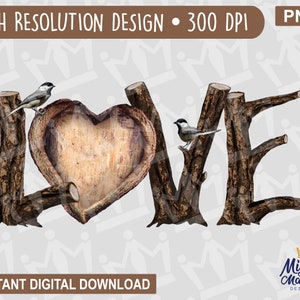 Coração de amor em branco Árvore Escultura PNG Design - Use para sublimação, impressão, toboáguas DTF Árvores Pássaros do amor Dia dos namorados Madeira Aniversário Casamento