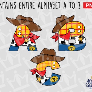 Letras del alfabeto de Toy COWBOY PNG: para camisetas, carteles, pancartas, pósteres y tarjetas de cumpleaños. Utilícelas con impresora o Cricut (imprima y corte)