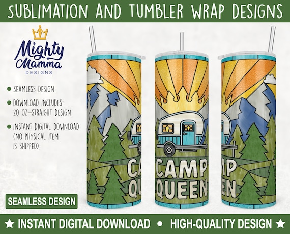Camp Queen Stained Glass Bowler Trailer JPG Tumbler Wrap Design, For Sublimation or Waterslide | 20oz Camping Mountains Forest Cute Design