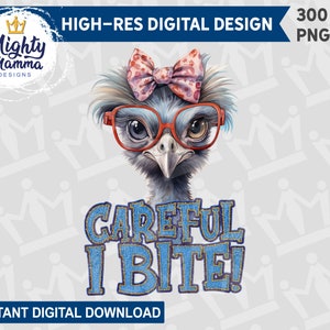Attention, je mords ! Conception graphique PNG, sublimation, DTF, impression, utilisation sur des chemises, tasses cartes, fille Emy Bow lunettes Country Farm Funny Bird Denim