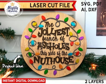 Letrero "Los imbéciles más alegres de este lado del manicomio", letrero redondo para colgar en la puerta, archivo SVG cortado con láser / Divertido para Navidad Glowforge, Silhouette Cricut