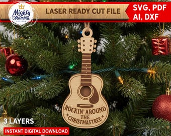 Diseño de adorno navideño con guitarra rockeando: archivo SVG cortado con láser (descarga digital), Glowforge, X-Tool, Lightburn, cortadoras láser