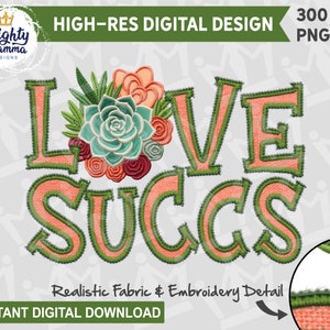 Effet de broderie Love Sucs Design PNG pour sublimation, DTF, impression, pour chemises, tasses, cartes Taie d'oreiller Saint-Valentin Plantes succulentes