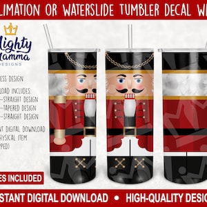 May include: A digital download design featuring a nutcracker illustration for a 20 ounce straight, 20 ounce tapered, or 30 ounce straight tumbler. The design is seamless and includes a red, white, and black color scheme.