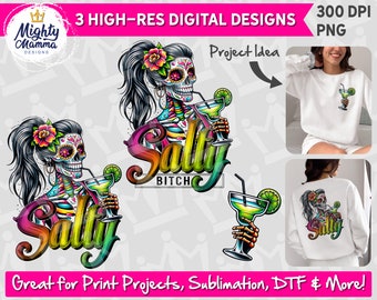 Conception PNG squelette de chienne salée | Pour impression, sublimation, DTF | Style Tatouage Squelette Sucre Margarita Lime Rétro Tequila Coloré Drôle