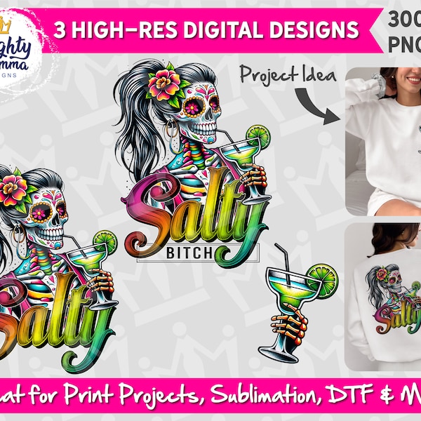 Salty Bitch Skeleton PNG Design | For Print, Sublimation, DTF | Retro Margarita Lime Sugar Skeleton Tattoo Funny Tequila Shirt Design Adult