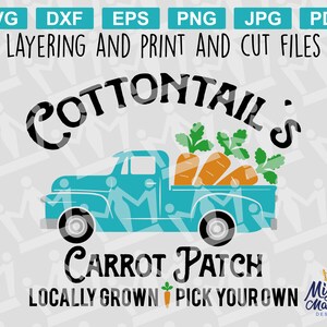 May include: A blue pickup truck with a bed full of carrots, with the text "Cottontail's Carrot Patch Locally Grown Pick Your Own" and a crown logo that says "Mighty Mamma Designs".