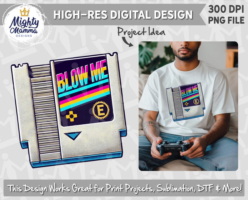 Blow Me - Klassisk videospelskassett PNG-design | För tryck, sublimering, DTF | Rolig retro-gamer, t-shirtdesign, rolig vuxen Nintendo bild 1
