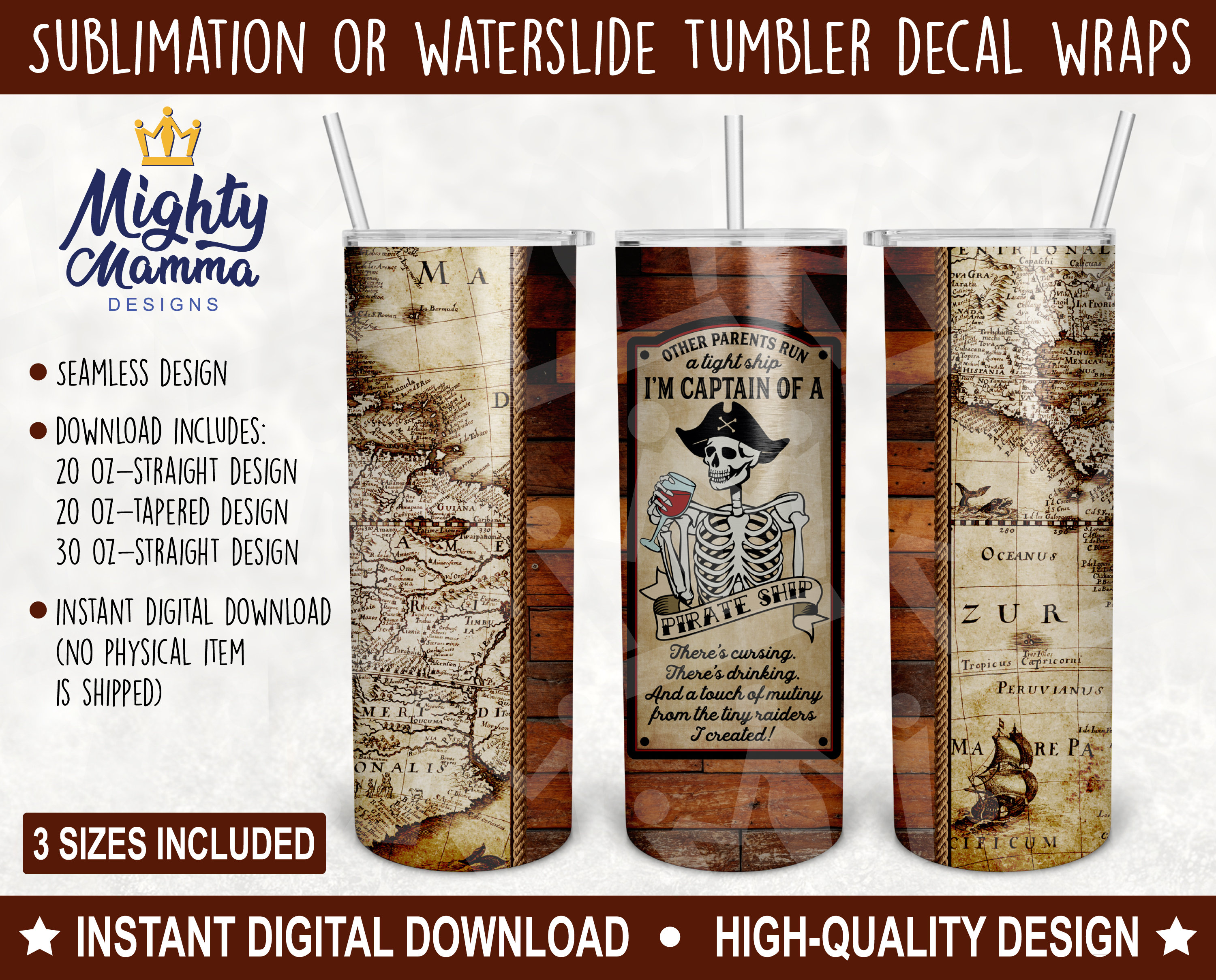 Funny Pirate Captain Skeleton - Some Parents Run A Tight Ship JPG PNG Tumbler Wrap, Sublimation, waterslide Design | 20oz 30oz Designs