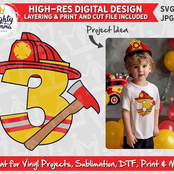 Pompier 3 SVG PNG | Trois pompiers, troisième anniversaire de naissance | Pour impression, Cricut, superposition, impression et découpe, sublimation, DTF, conception de chemise