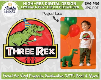 May include: A green dinosaur wearing a party hat and holding a cupcake. The dinosaur is in front of a red circle with the words "THREE REX" in white letters. There are three yellow candles below the text. The image is a digital design for a birthday party.