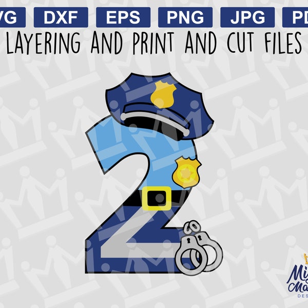 POLICEMAN # 2 SVG - Number two POLICE Officer second Birthday (files for layered cutting or png & jpg for print and cut). For personal use.