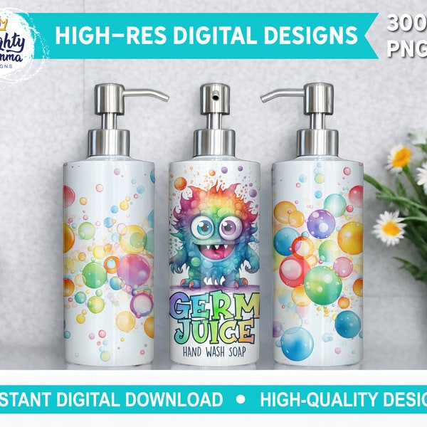 Germ Juice Cute Monster PNG Soap Dispenser Graphic | Sublimation, 18oz, Bathroom Soap Pump, Funny, Cartoon Virus, Kids, Children's Colorful