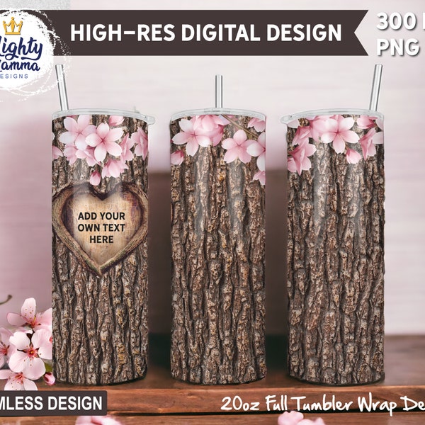 Heart Tree Carving Blank Cherry Blossom PNG 20oz Tumbler Wrap Design for Sublimation, Heart Love Valentine's Wood Bark Carving Country