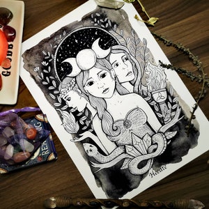 A4 Hecate pen and ink illustration - Moon Goddess Art Print- Altar Artwork