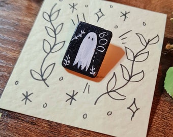 Boo Badge - Little ghost handpainted pin badge. Hand made halloween samhain wooden badge