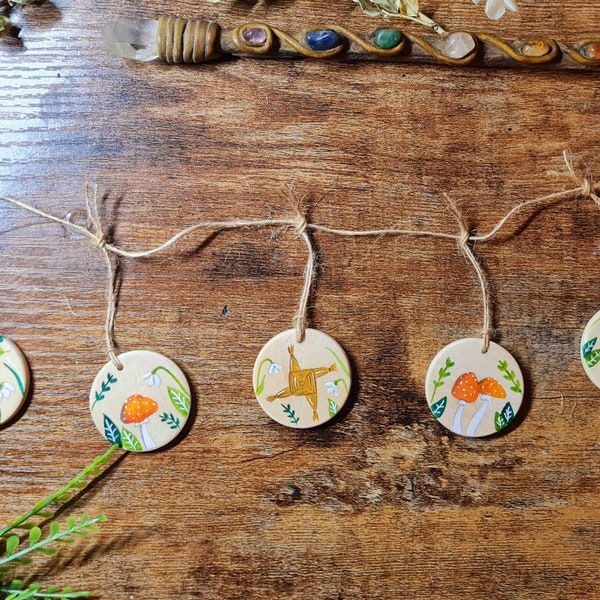 Imbolc Brigid's wooden painted bunting -  Witchcraft wood slice hangings - forest witch design - altar decorations