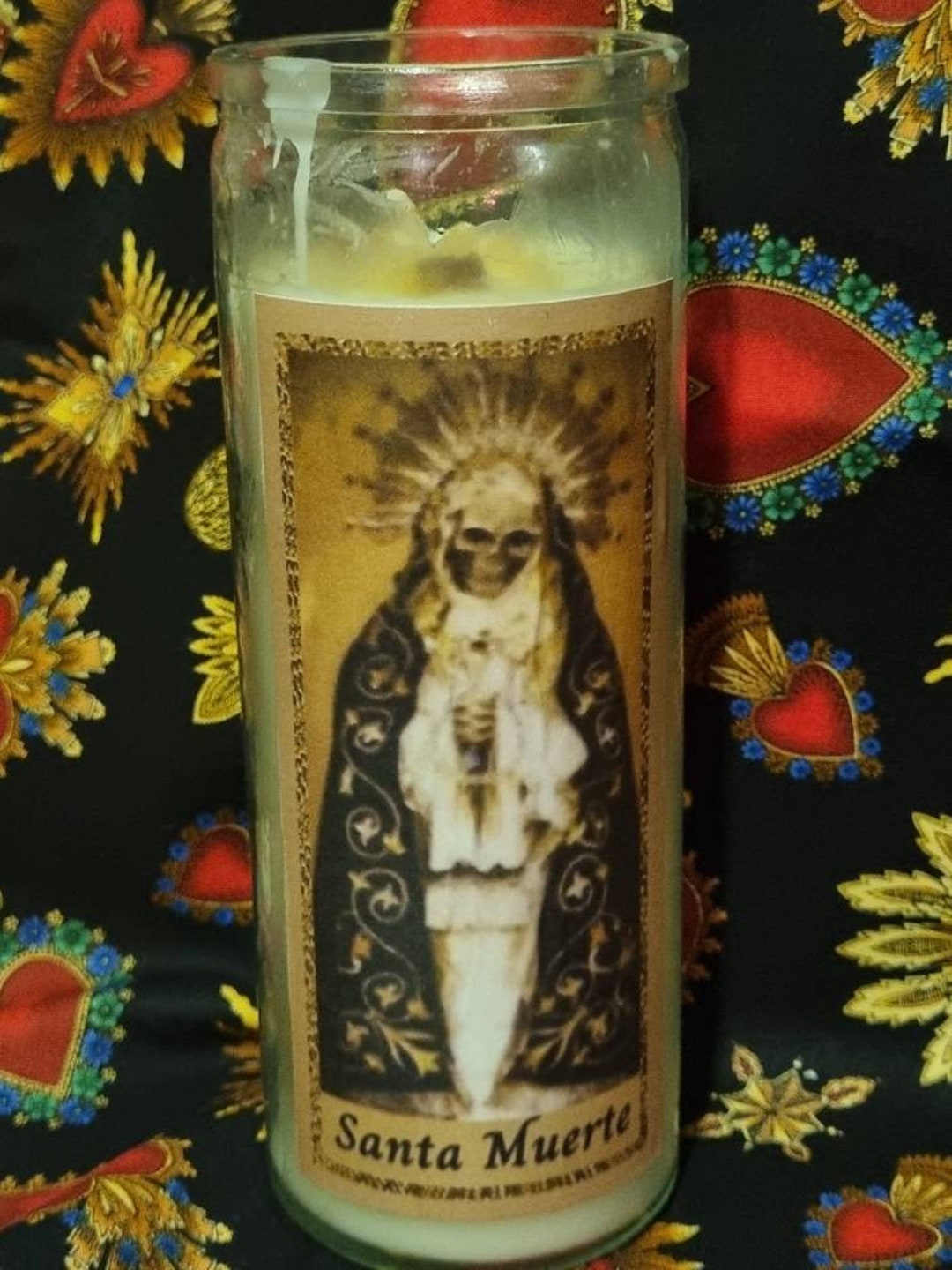 Santa Muerte, Holy Death, Glass Candle, Prayer, Lemon Verbena