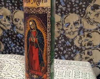 Santa Muerte, Holy Death, Green, Glass Candle, prayer, frankincense, copal and myrrh resin, Justice