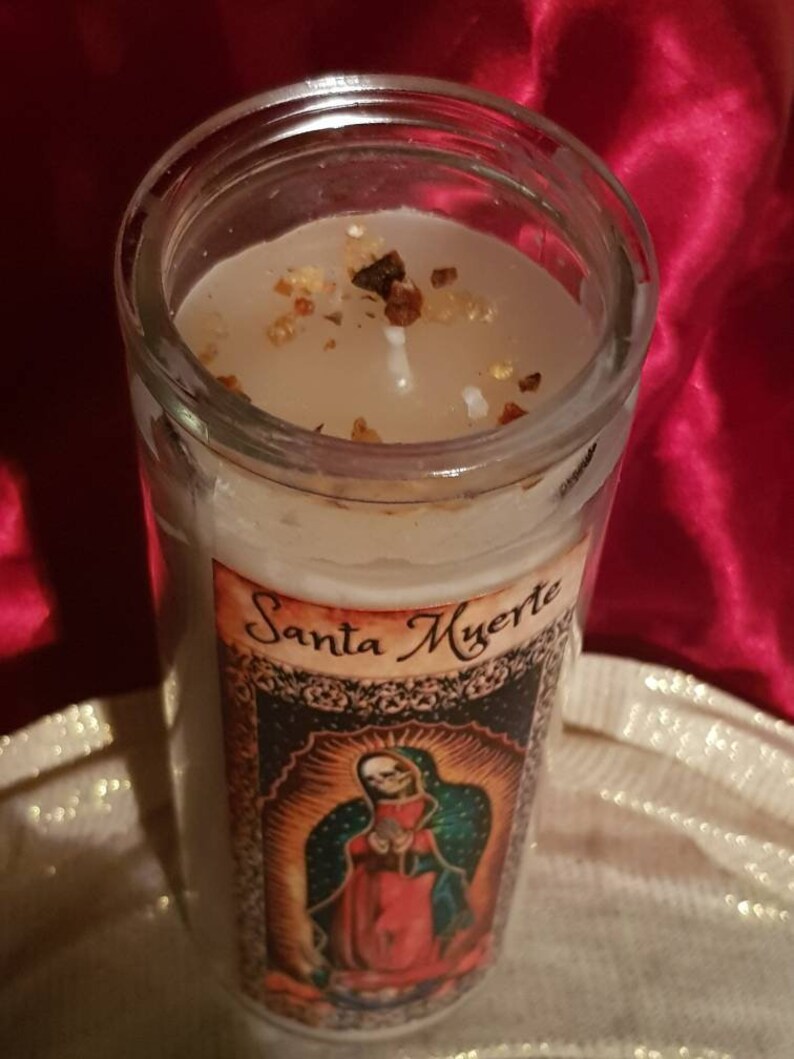 Santa Muerte Glass Candle Prayer Frankincense and Myrrh Etsy UK