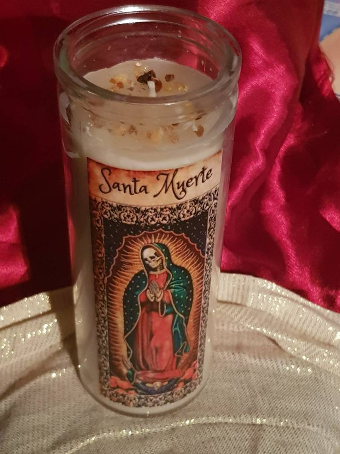 Santa Muerte Glass Candle Prayer Frankincense And Myrrh Etsy