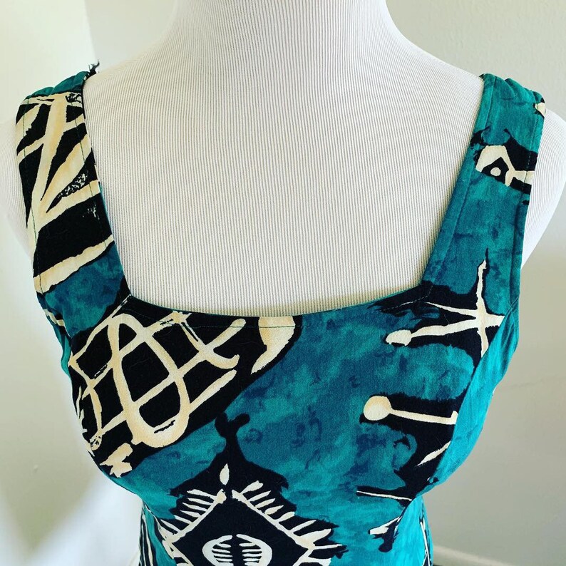 Green Black White abstract print cotton dress